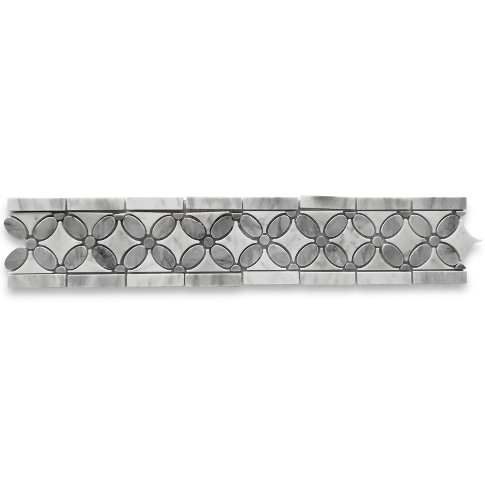 C9C7BXP White Carrara Venato Marble Flower Mosaic Border Tile Gray Polished