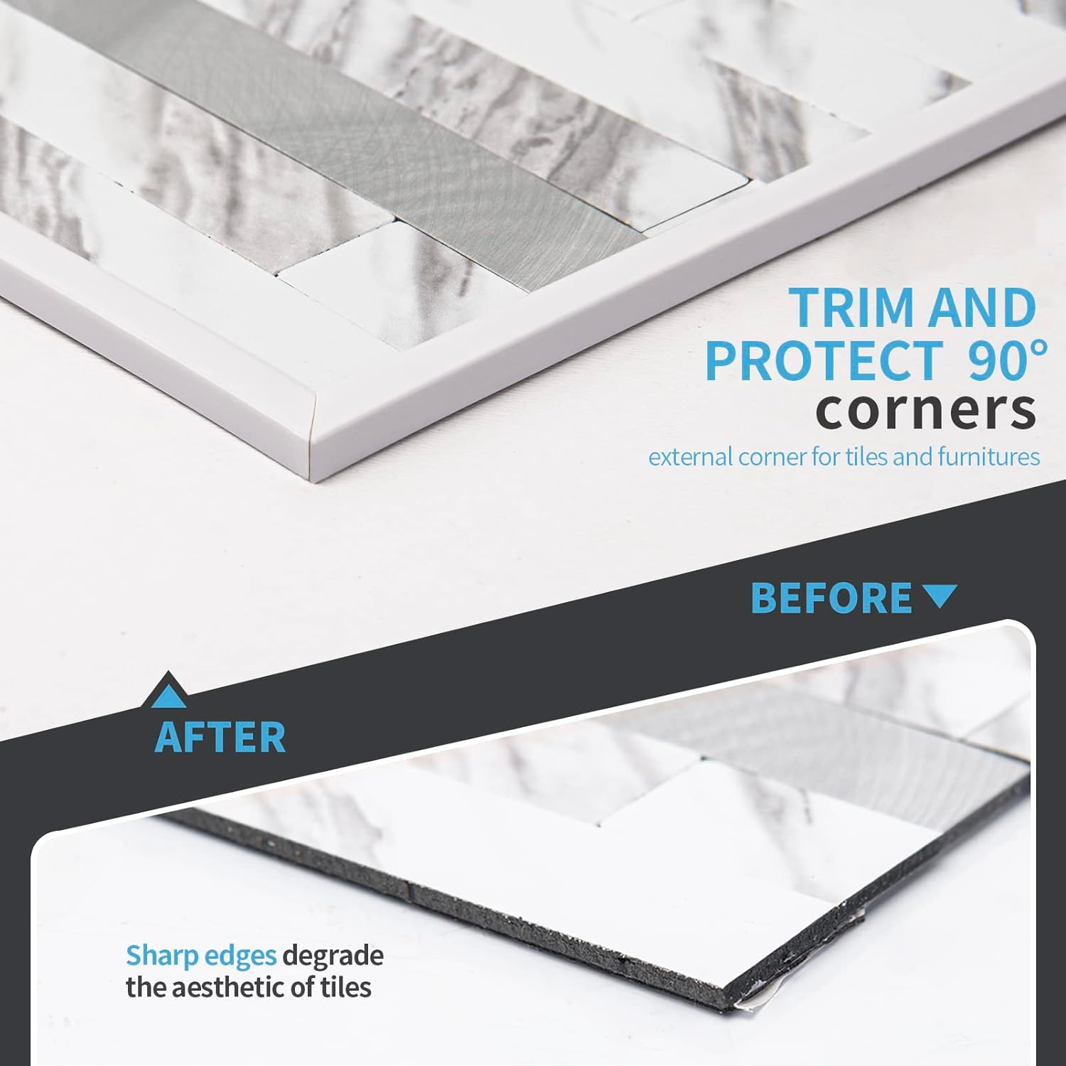 20Ft Peel and Stick Vinyl Corner Trim for Tile and Wall Edges, White