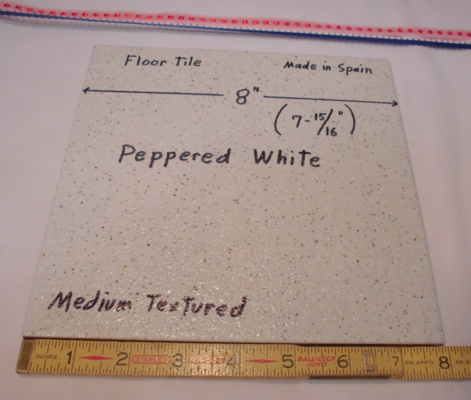 1 pc. “White – Peppered” Ceramic Floor Tile: 8″ X 8″ Textured, made in Spain