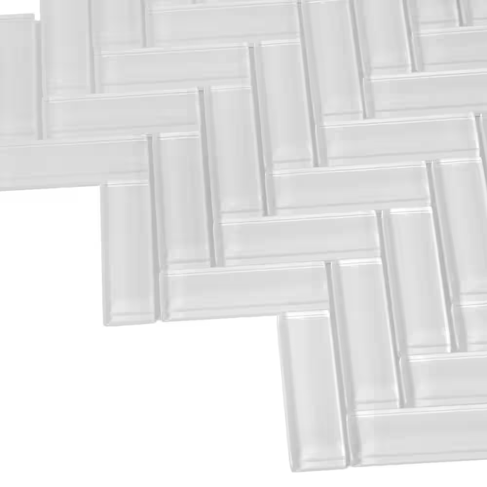 Ice White 11 In. X 12.6 In. Herringbone Polished Glass Mosaic Tile (4.81 Sq. Ft.