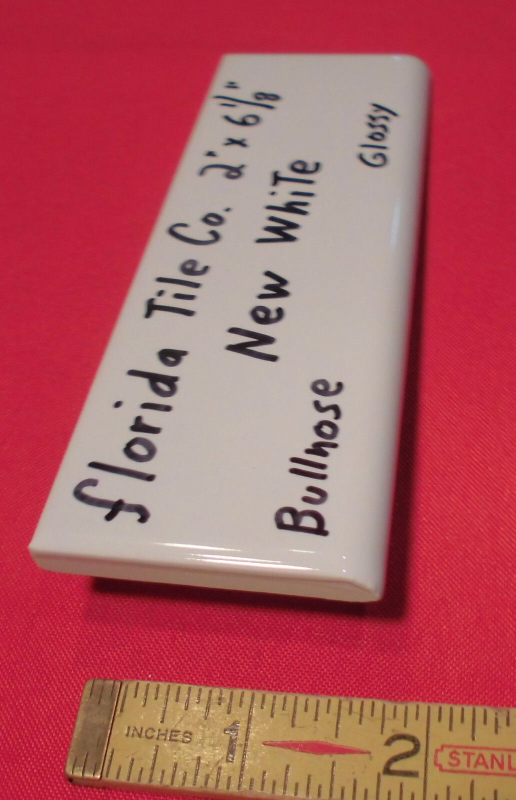 1 pc. Florida Tile Co. *Gloss New White #100* Bullnose Ceramic Tile, flat type