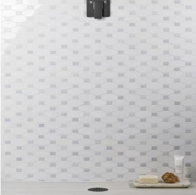 Diapson White Thassos and Blue Celeste 9.75 in. x 10 in. Marble Mosaic Tile