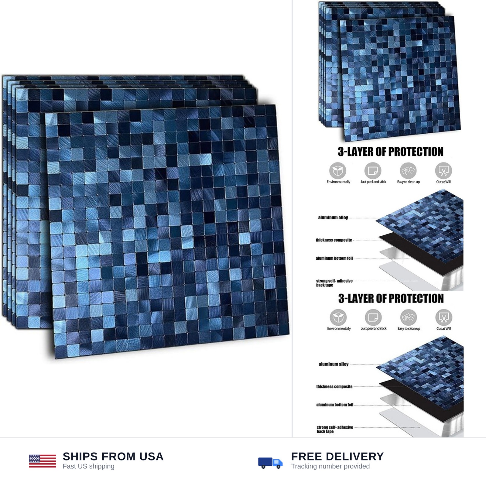 XUANINY 5-Sheet Peel and Stick Backsplash Tiles Dark Blue Surface Aluminum Mo…
