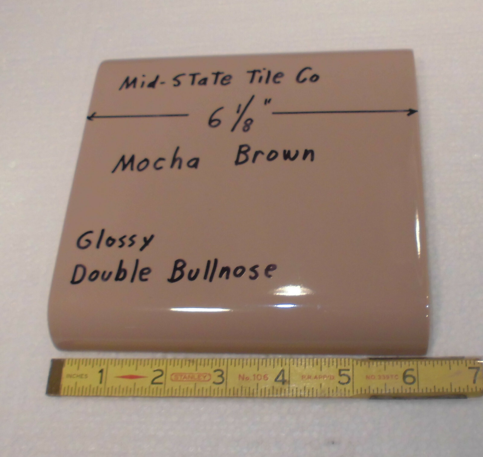 1 pc. Mocha – Brown 6″ x 6″ Double Radius Bullnose Glossy Ceramic Tile: NOS