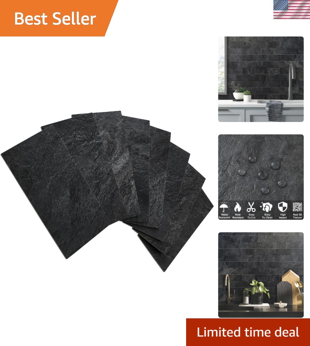 100 Piece Black Slate Peel and Stick Backsplash Wall Tiles, 3″ x 6″ PVC Faux …