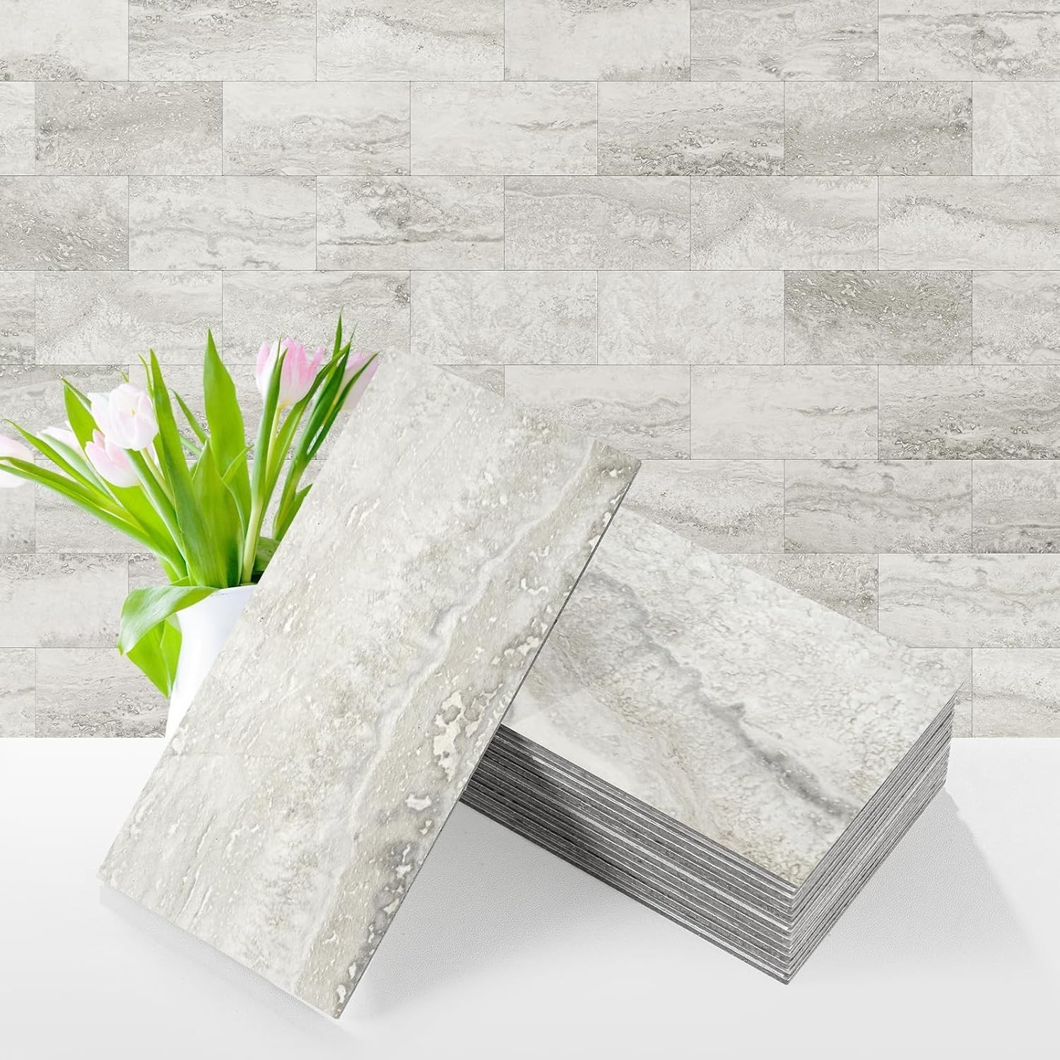 100-Piece Matt Beige Mixed Grey Slate Peel and Stick Backsplash Seamless Tile…