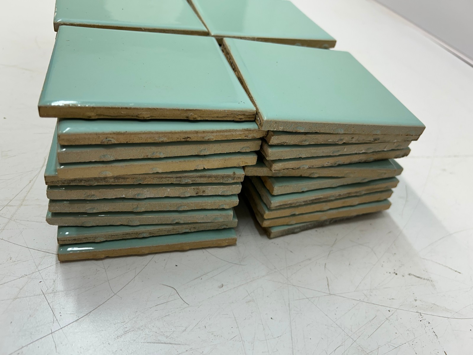 60 Vtg USQTCO Romany Ceramic Tile Blue Green MCM 4.25″ Tiles Kitchen Bath Used B