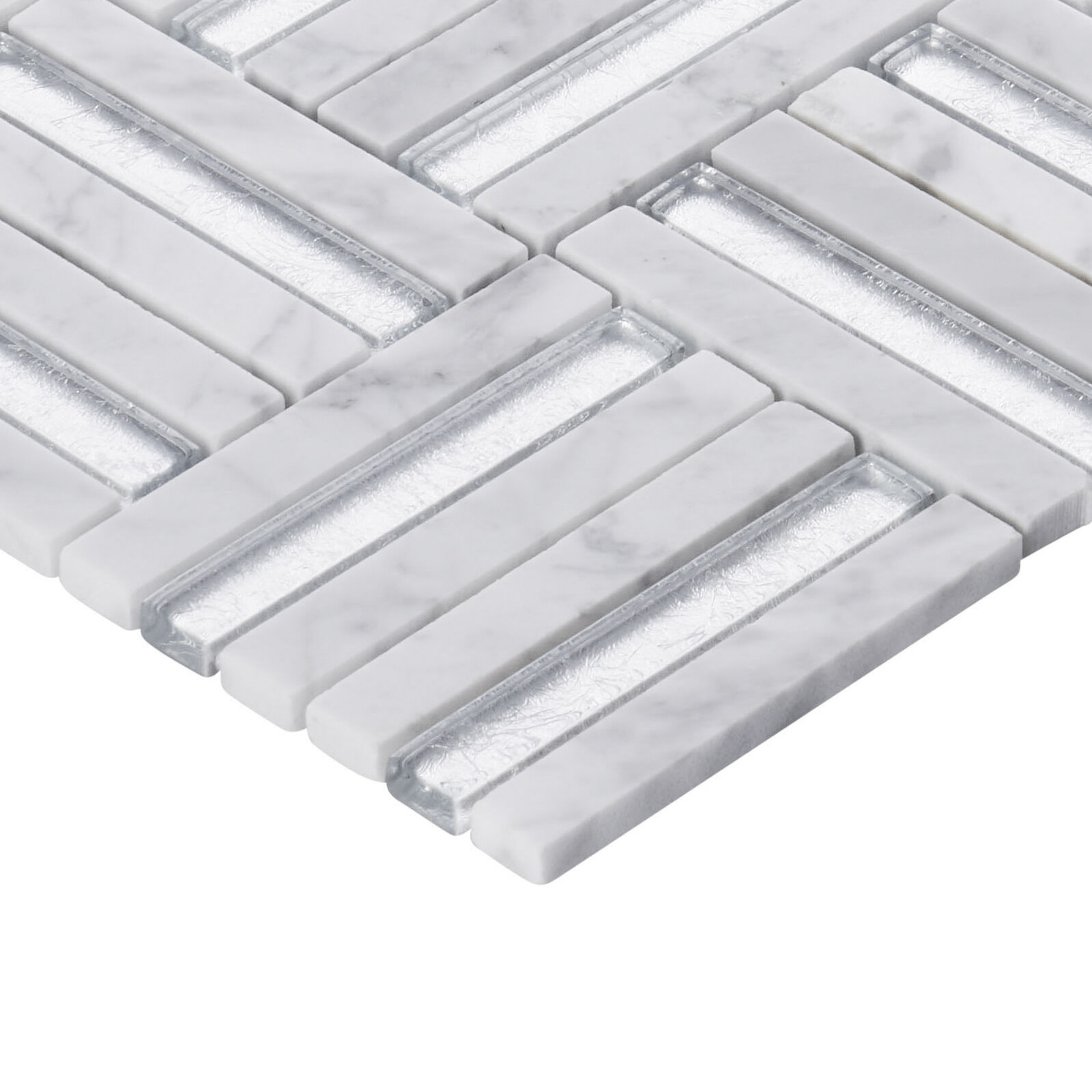 White Calacatta Marble Stone Silver Glass Insert Parquet Mosaic Tile Backsplash