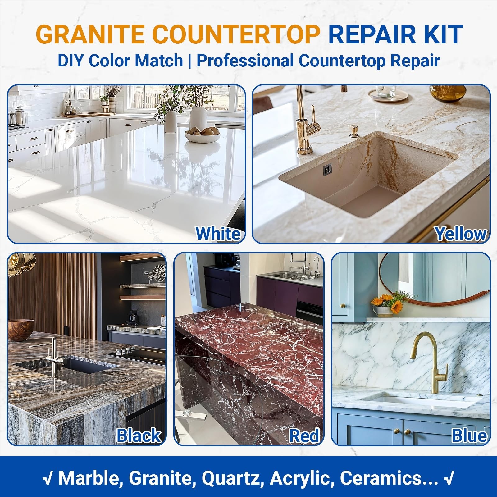 Marble & Granite Countertop Repair Kit – 160g for Chips, Cracks, Scratches & Den