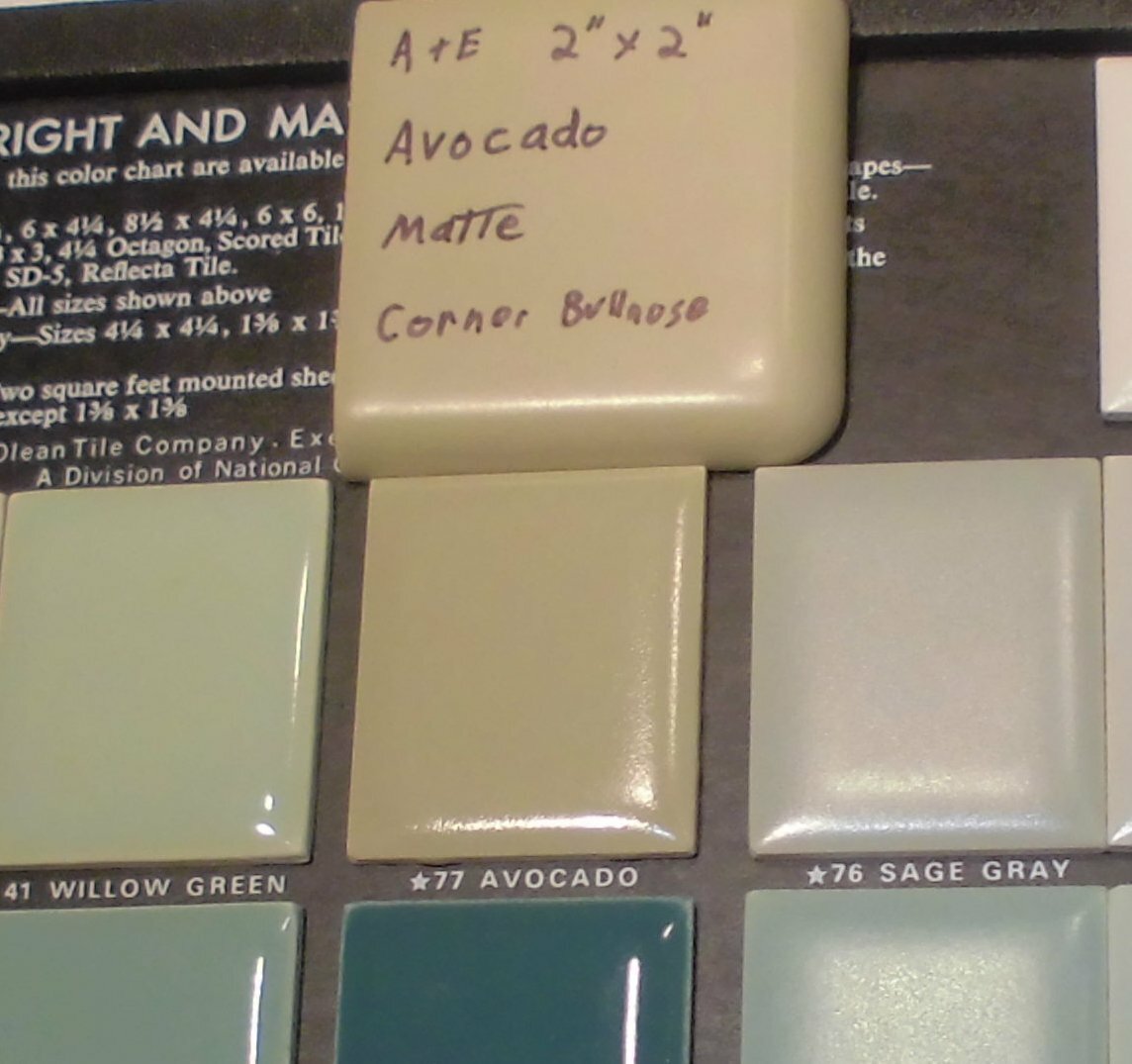 1 pc. Avocado Green 2″ X 2″ X 5/16″ Ceramic Surface Bullnose Corner Tile; Matte