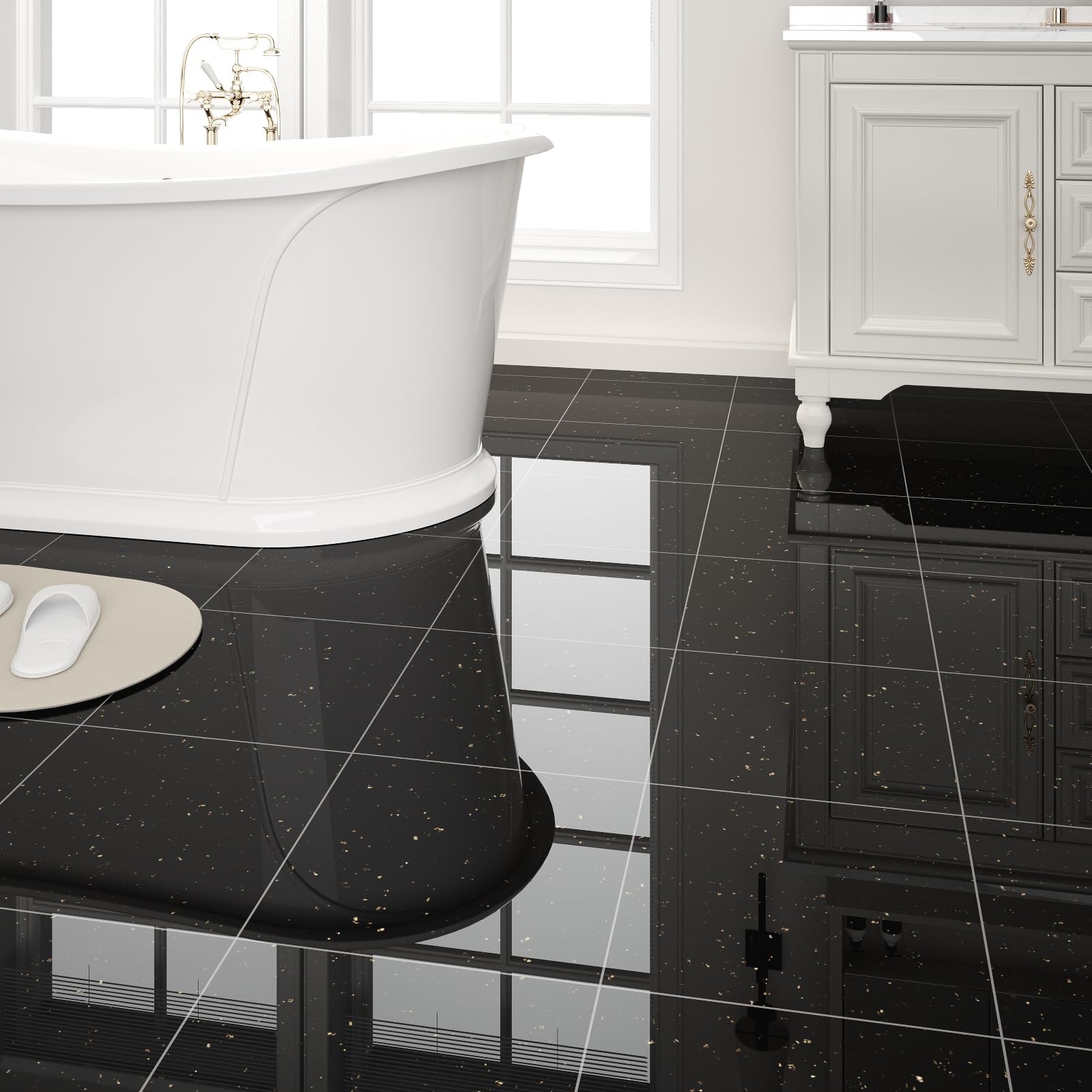 20-Pack 20 Sq.Ft Peel and Stick Floor 12×12 Inch, Polish Black Galaxy Marble