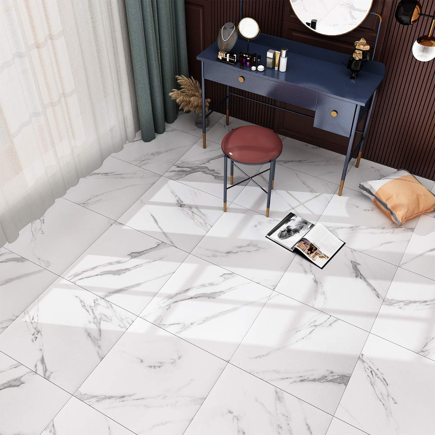 Peel and Stick Floor Tile 12 X 12 in White Marble Vinyl Flooring 4 Pack
