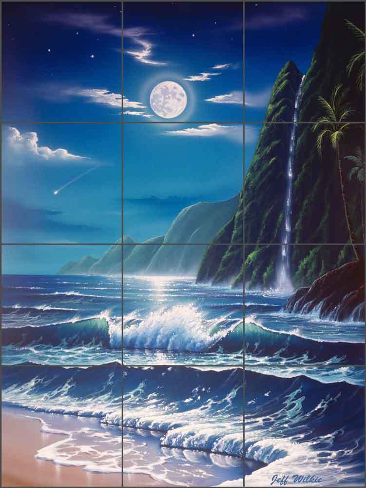 Tropical Tile Backsplash Wilkie Moonscape Falls Art Ceramic Mural POV-JWA001