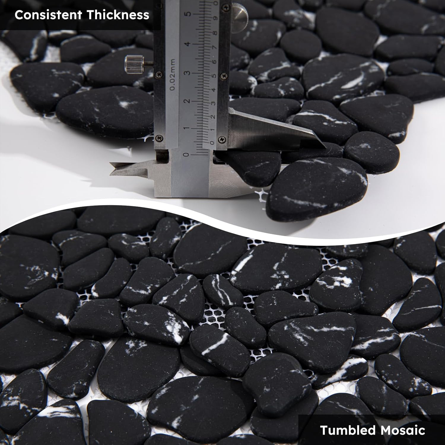 Elegant Black Marble Veins Pebble Tile for Shower & Bathroom Décor