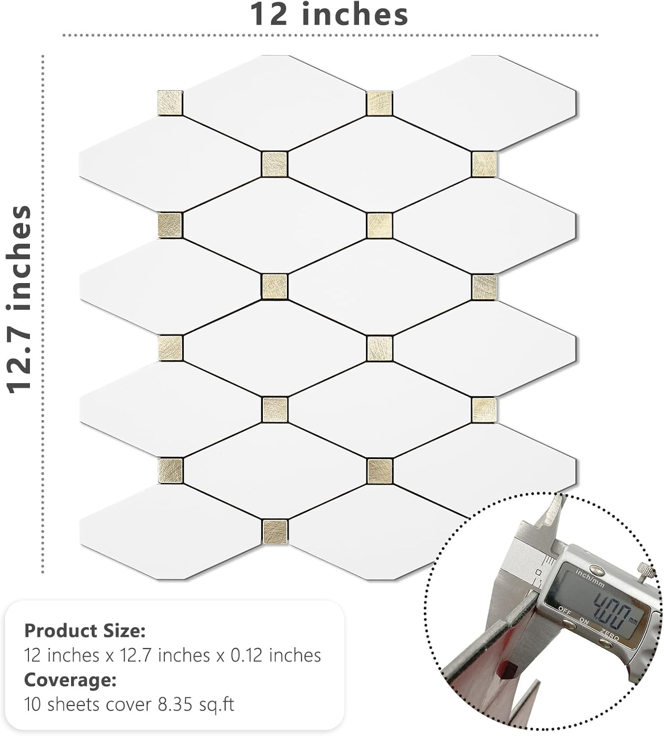 10 Sheets Peel and Stick Backsplash, Pure White Marble Look PVC Mixed Metal Gold