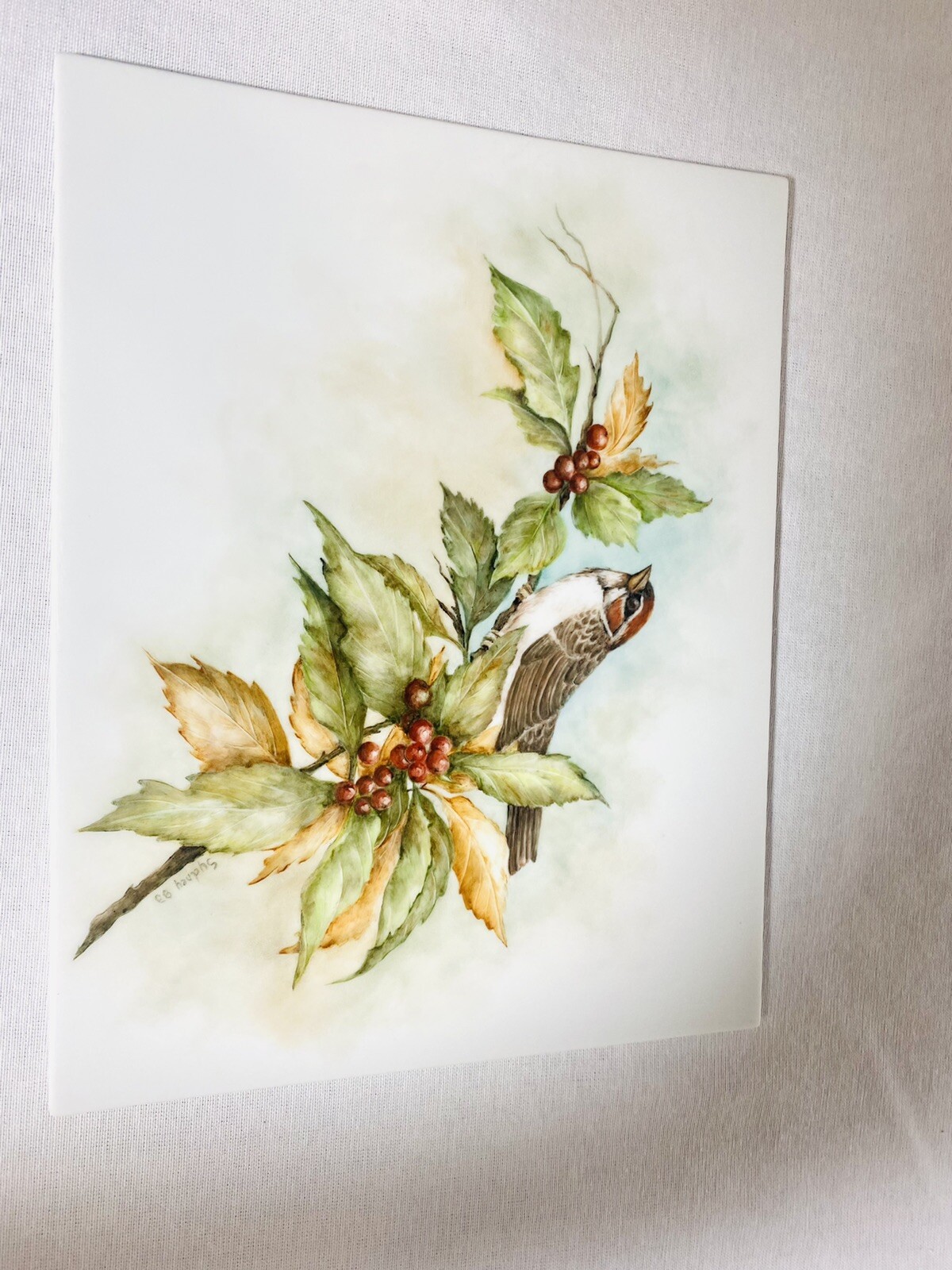 Sparrow on a Lingonberry Branch Art Border Backsplash Ceramic Craft Tile 8”x10”