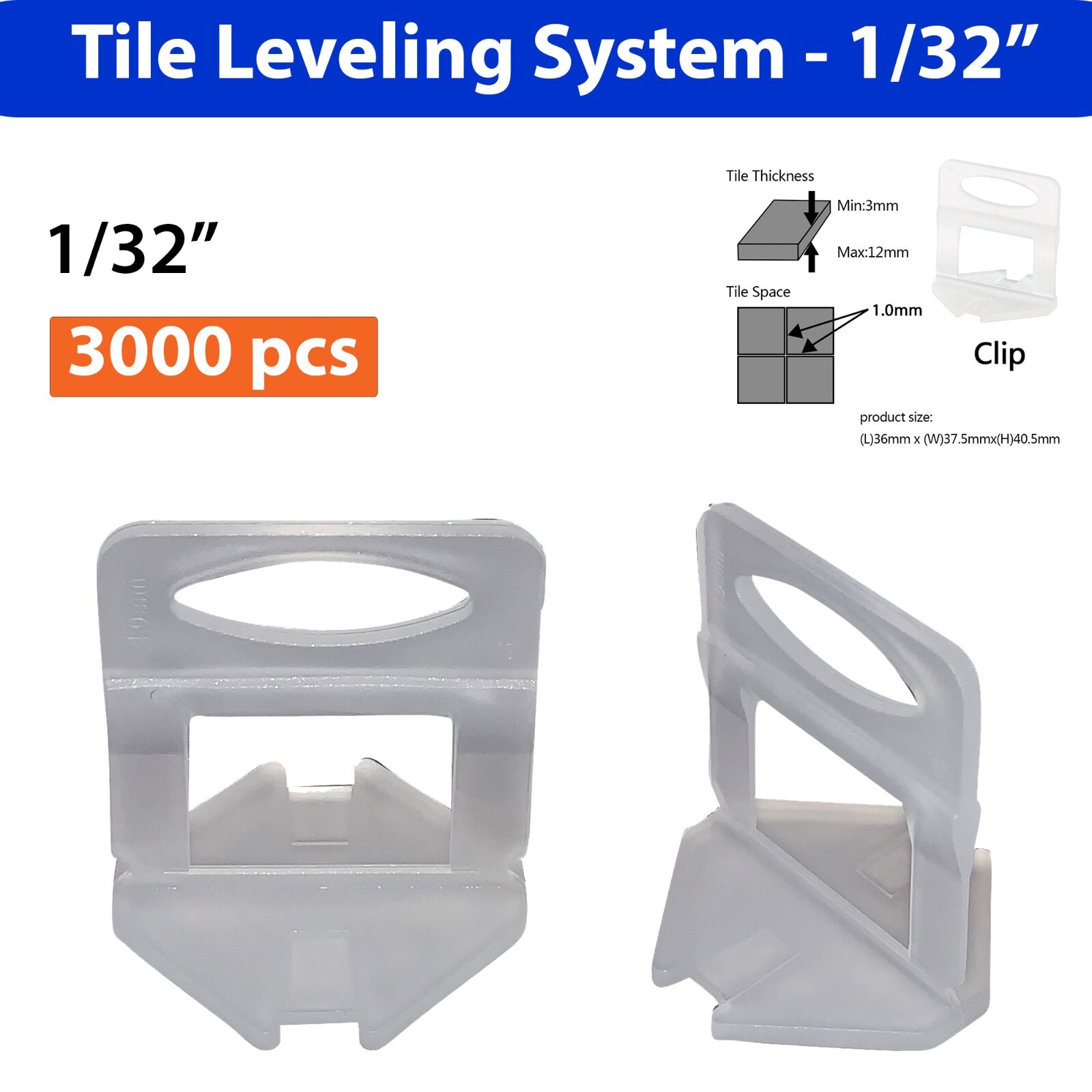 2000 Clips Tile Leveling System Floor Wall 1.0mm 1/32 Tile Spacer Tiling Tool