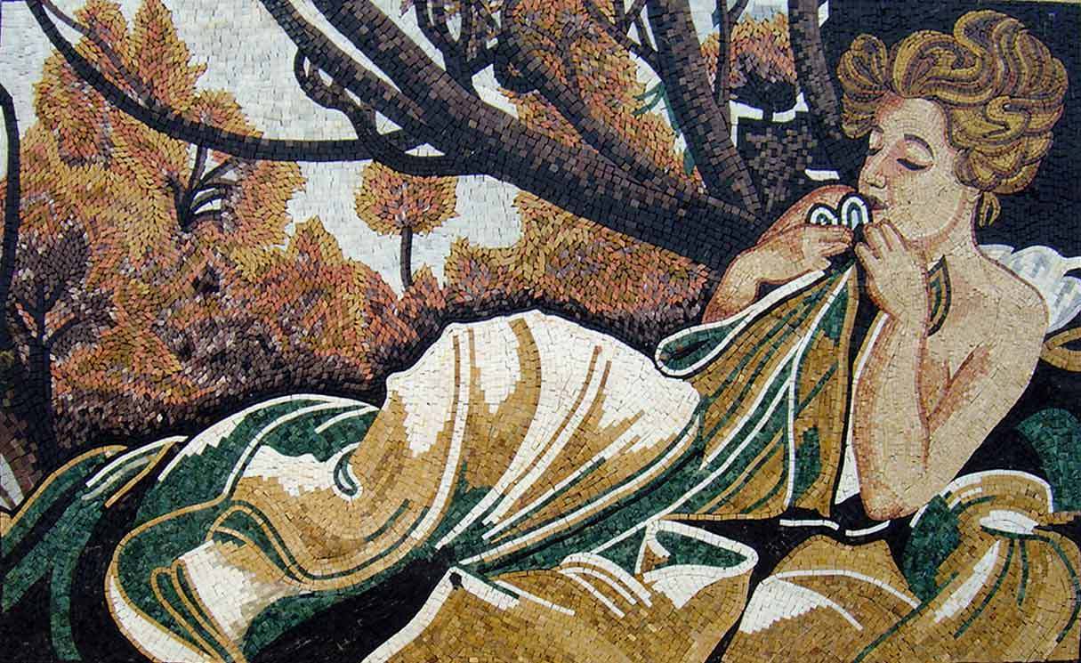 56″x 34″ Marble Mosaic Sleeping Beauty In The Wood Landscape Lady Figure Home