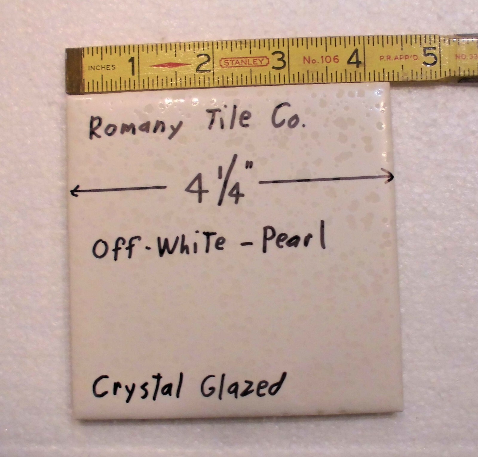 1 pc. *Pearl White* Ceramic Tile by Romany Co. 4-1/4″ Crystall Glaze, New