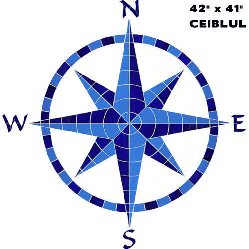 Mosaic Eight Point Compass Blue Swim Pool Wall Patio Walk Table Bar Bath Floor
