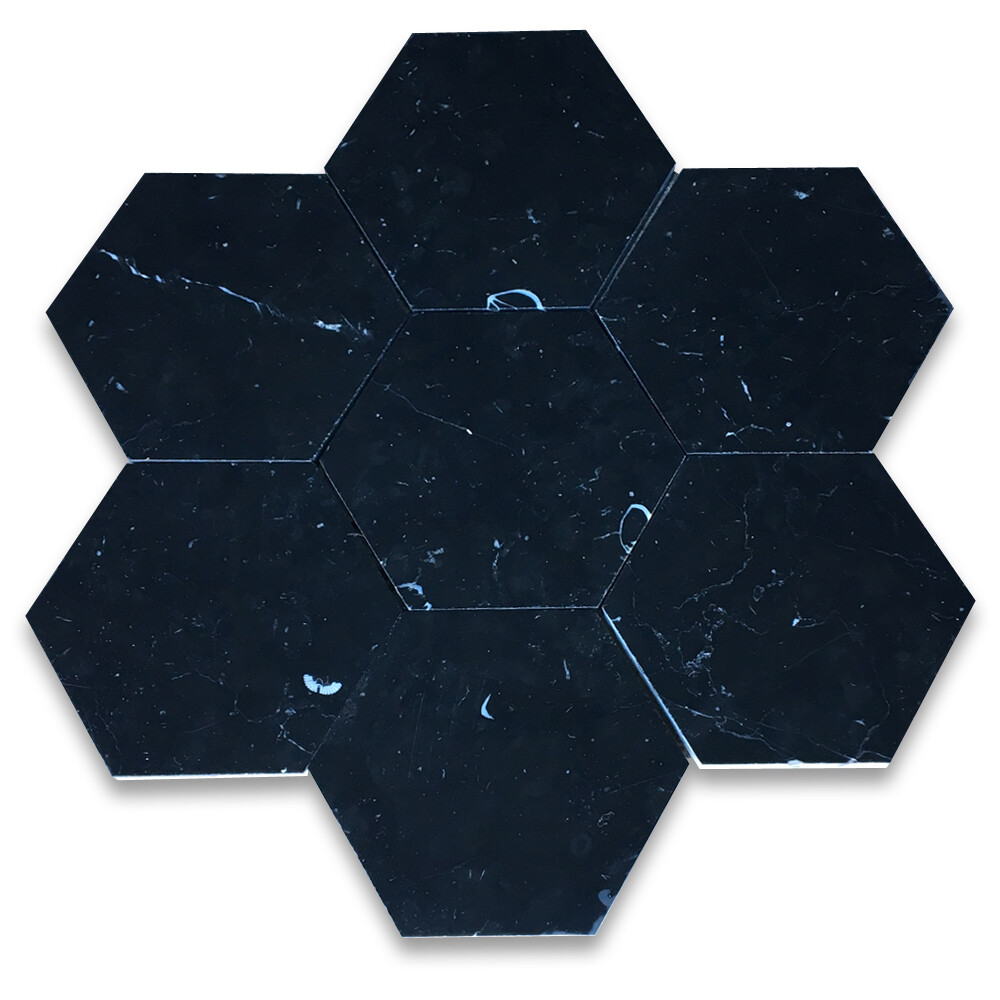 N36H Nero Marquina Black Marble 6 inch Hexagon Tile Honed