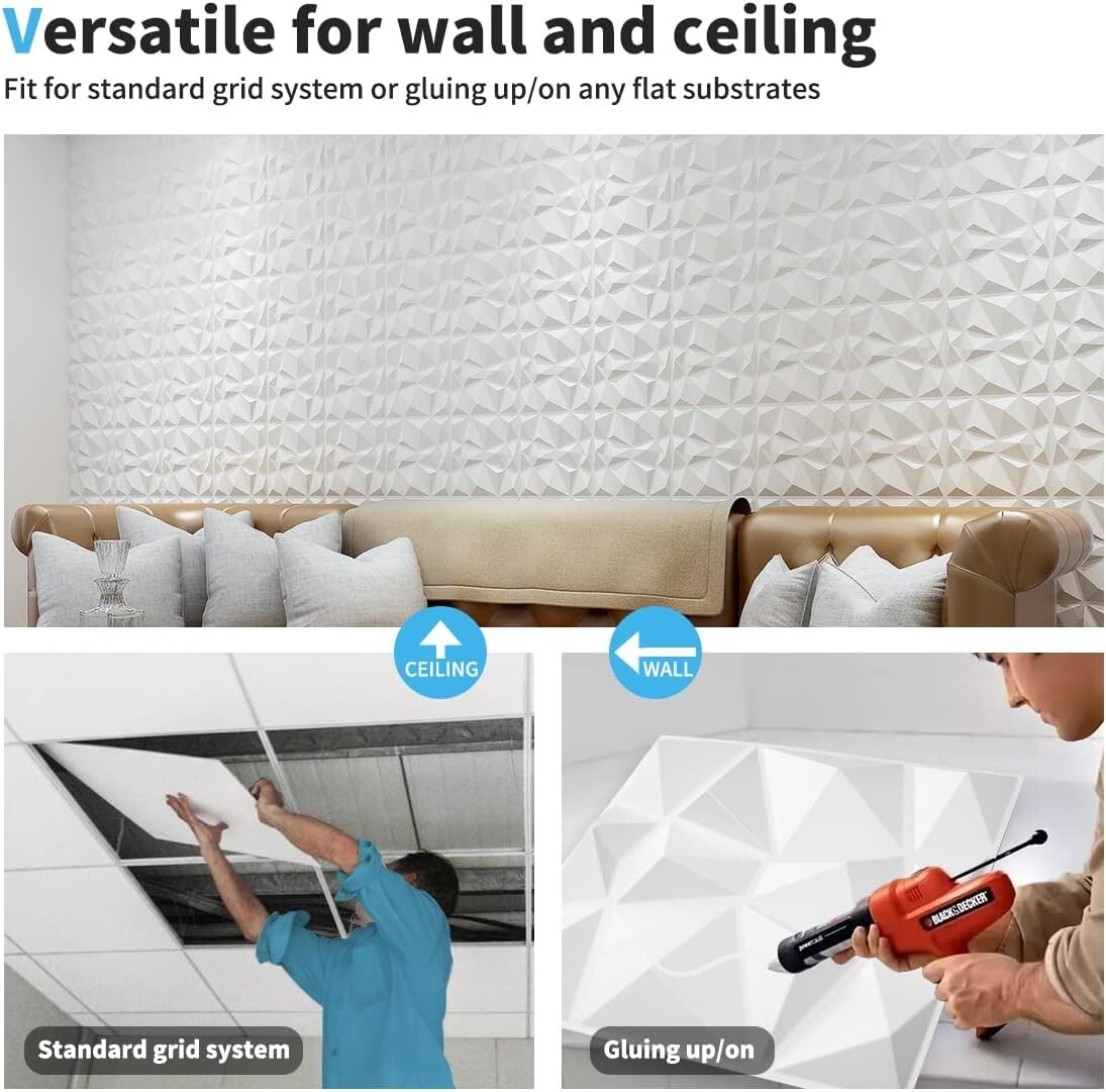 Art3d 33-Pack 11.8″x11.8″ PVC 3D Wall Panels in Diamond Design, 32 sq.ft/case