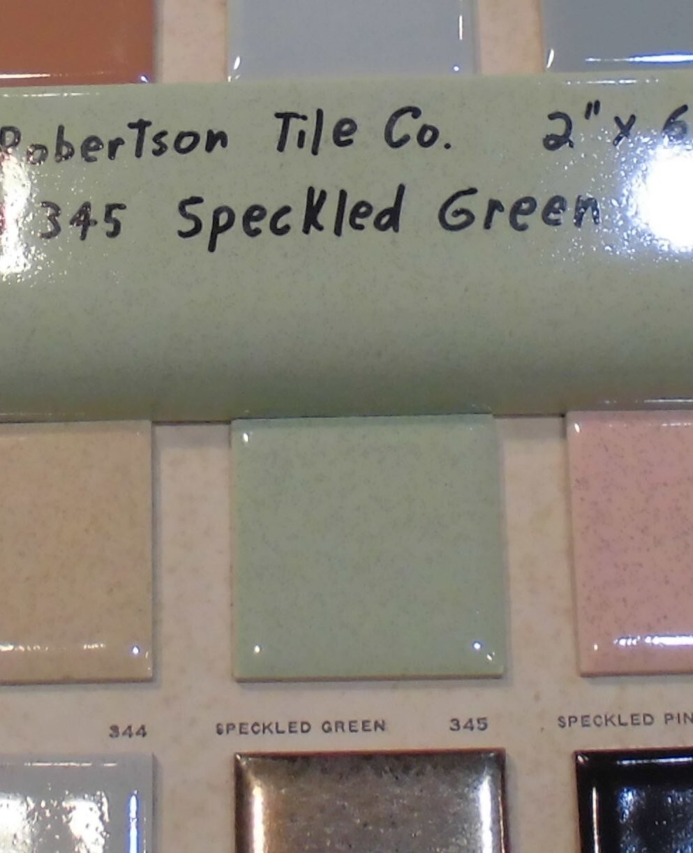 1 pc. Speckled Green: Ceramic Tile; 2″ X 6-1/8″ Radius Bullnose by Robertson Co.