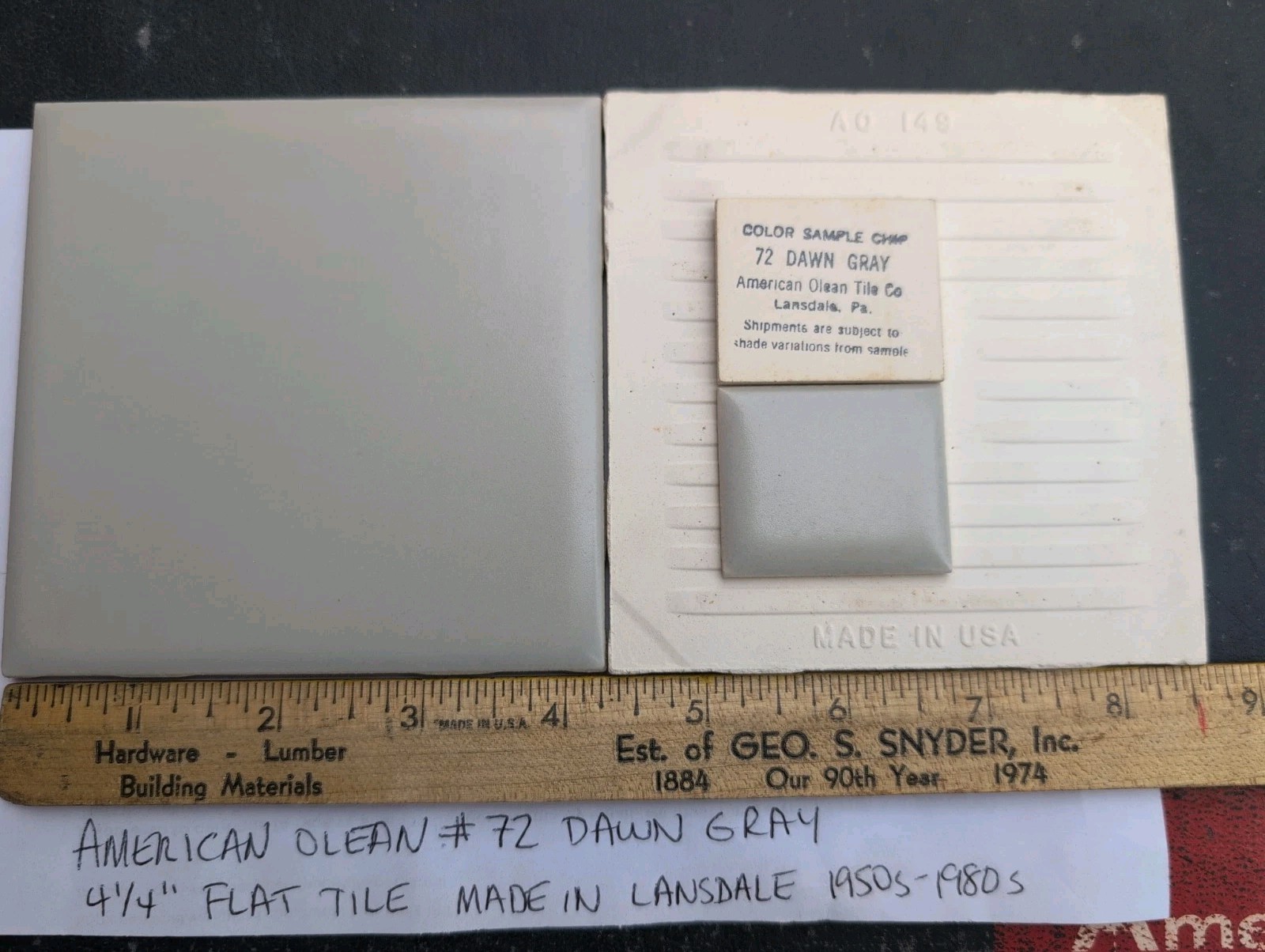 2 pc NOS American Olean Tile 4-1/4″ Dawn Gray #72 Matte Satin 1950s 1960s 1970s