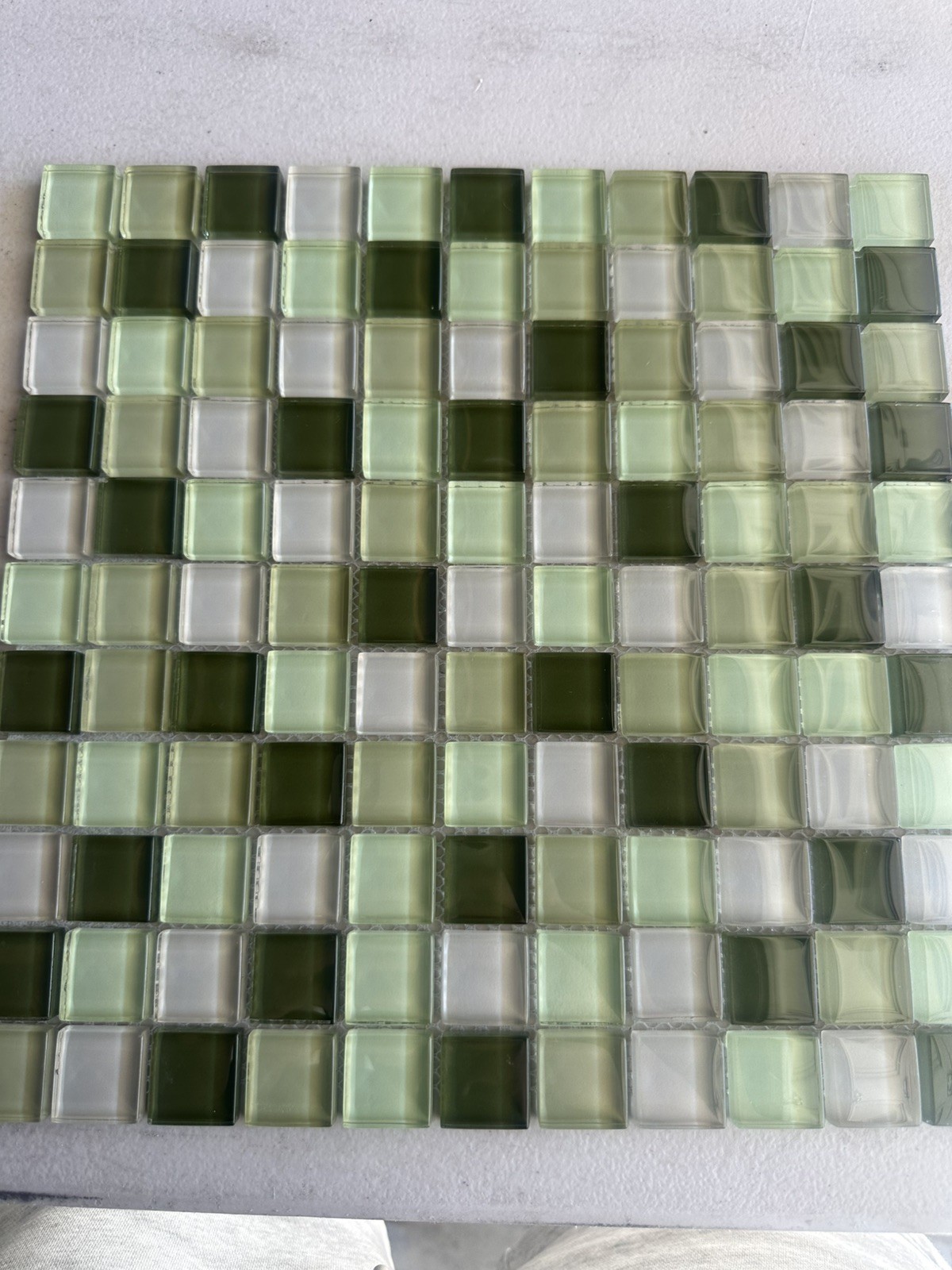 Light green Mix Glossy Glass Mosaic 1″x1″ Stacked Mesh Mounted