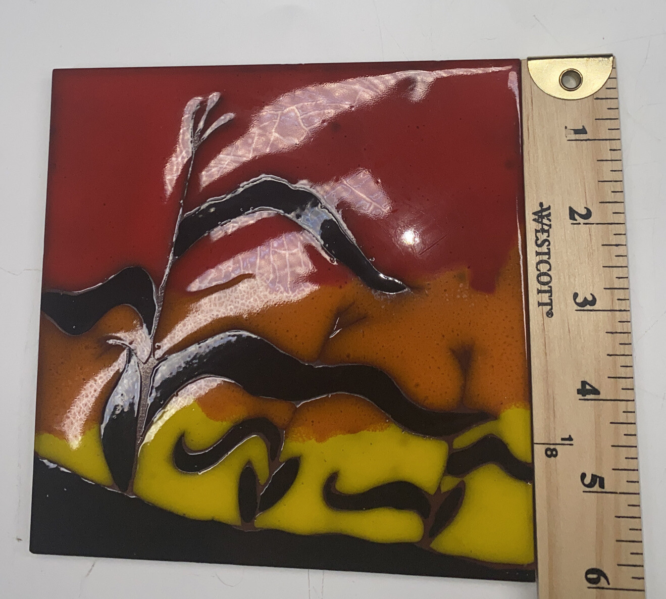 Vtg Judy Sutcliffe Hand Painted Ceramic Tile “Corn Field on Farm” Colorful