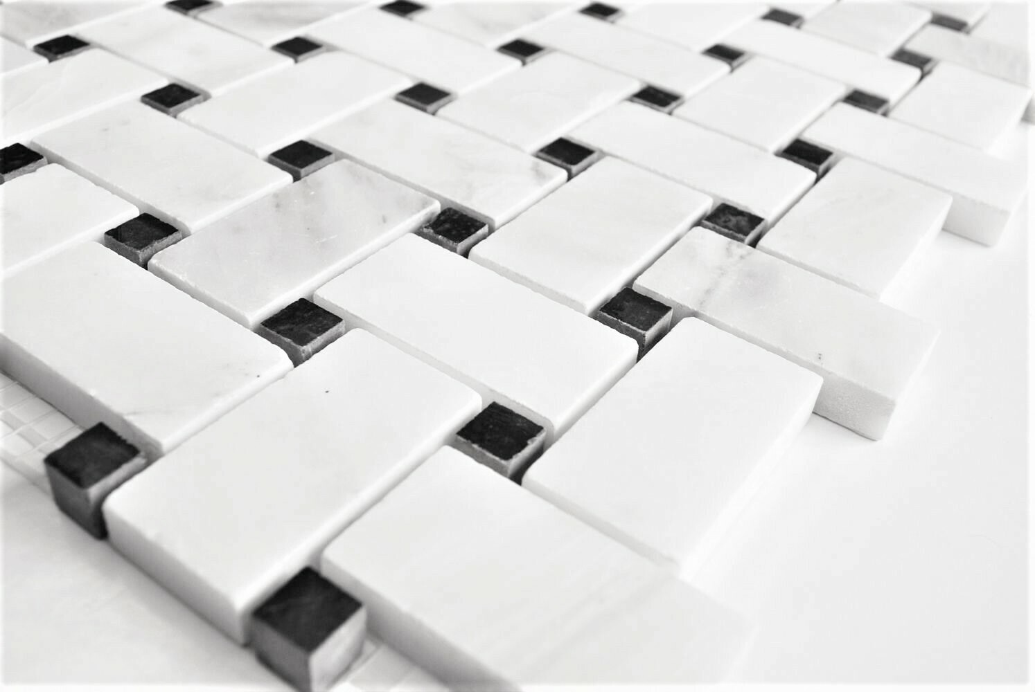 Carrara 1.2×2 Honed w/ Black Marble Dots Basketweave Mosaic Tile (BOX OF 10)