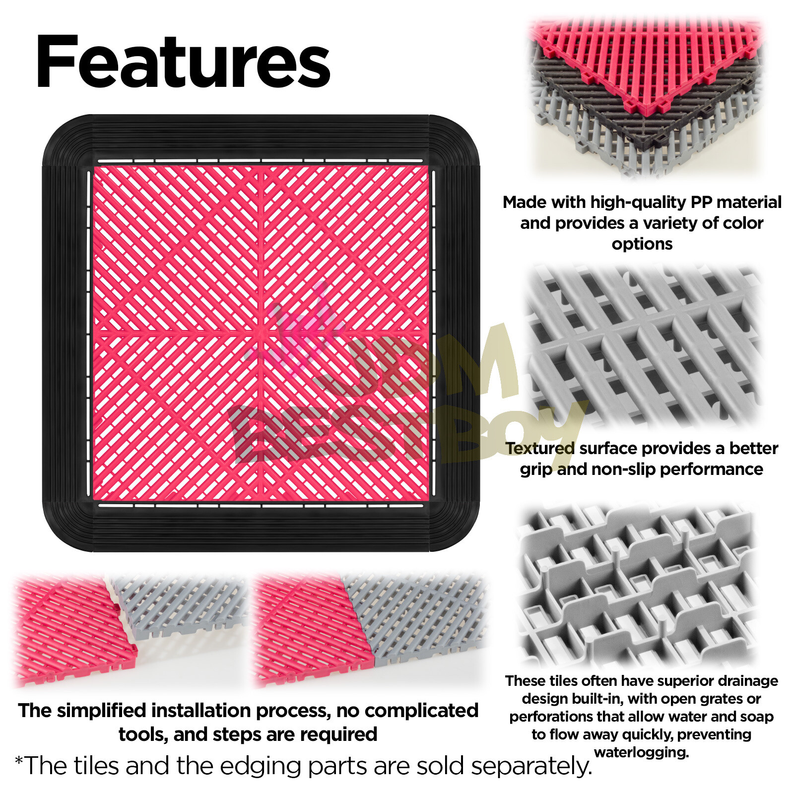 34pcs 16″x16″ Pink Garage Floor Mat Perforated Flooring Tile Shop Interlocking