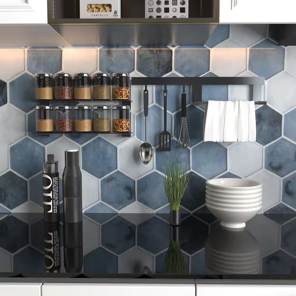 Hexagon Blue Mix 11.8 In. X 10.2 In. Matte Recycled Glass Cement Looks Floor and