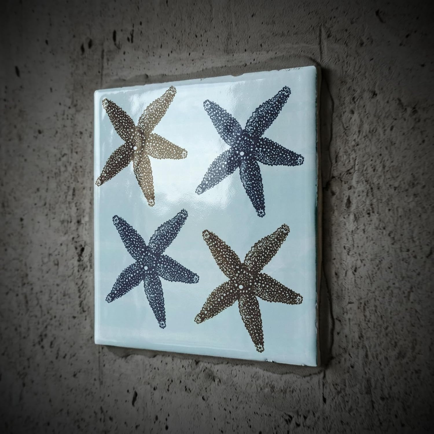 Gold and Blue Starfish Ceramic Tile – 12″ Decorative Accent Piece