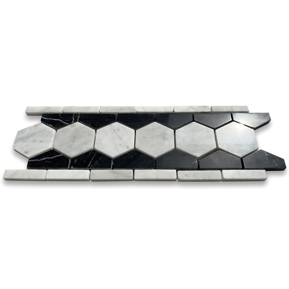 C32B2XP Carrara Marble 2″ Hexagon Mosaic Border Listello White Black Polished
