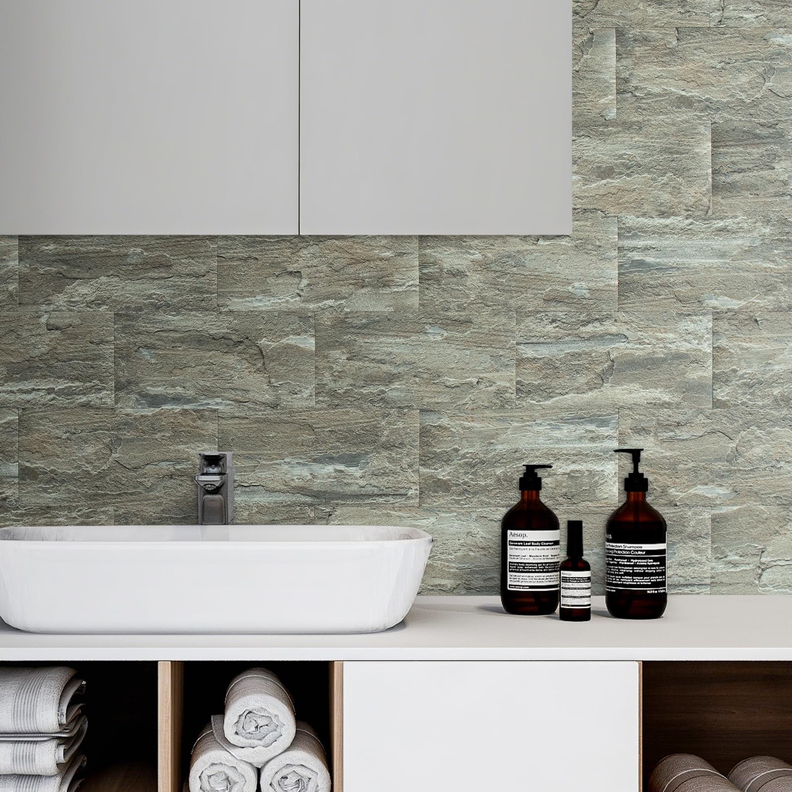 20-Piece Apache Brown Rock Peel and Stick Backsplash Wall Tiles, 6″ x 12″ PVC…