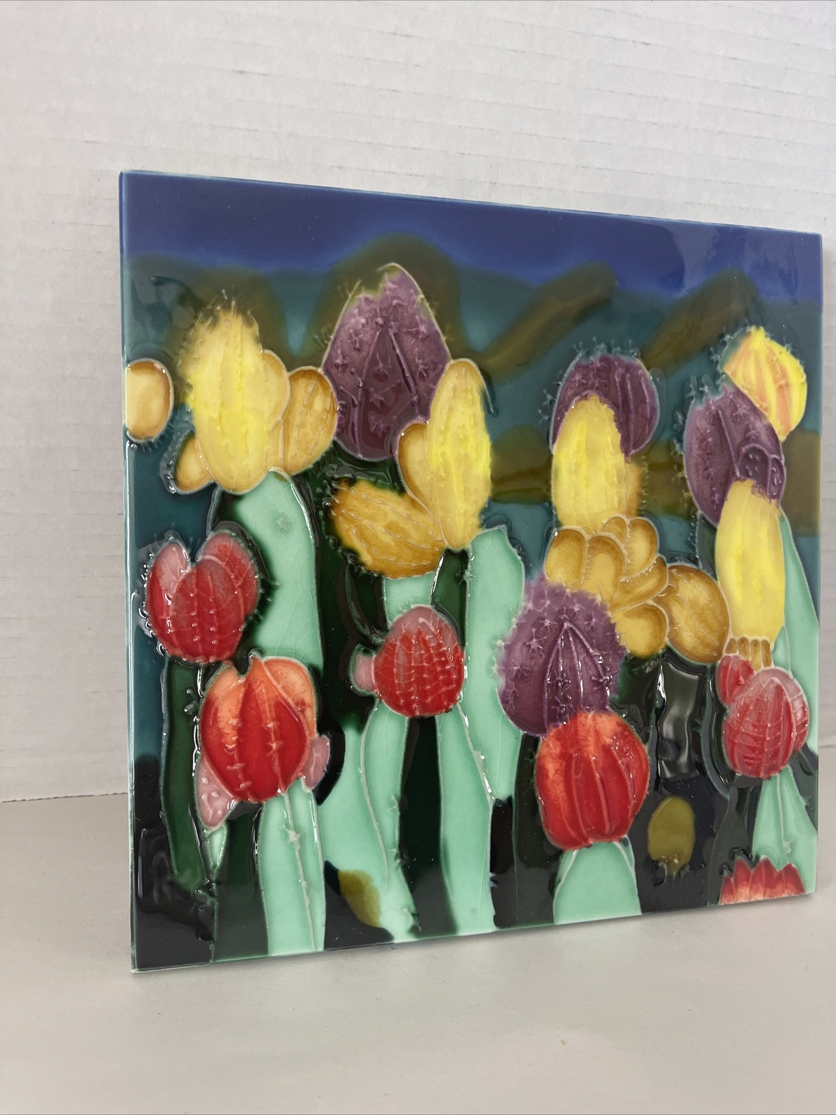 Tropical Cactus Flower Trivet Ceramic Art Tile 8×8” Freestanding Decorative