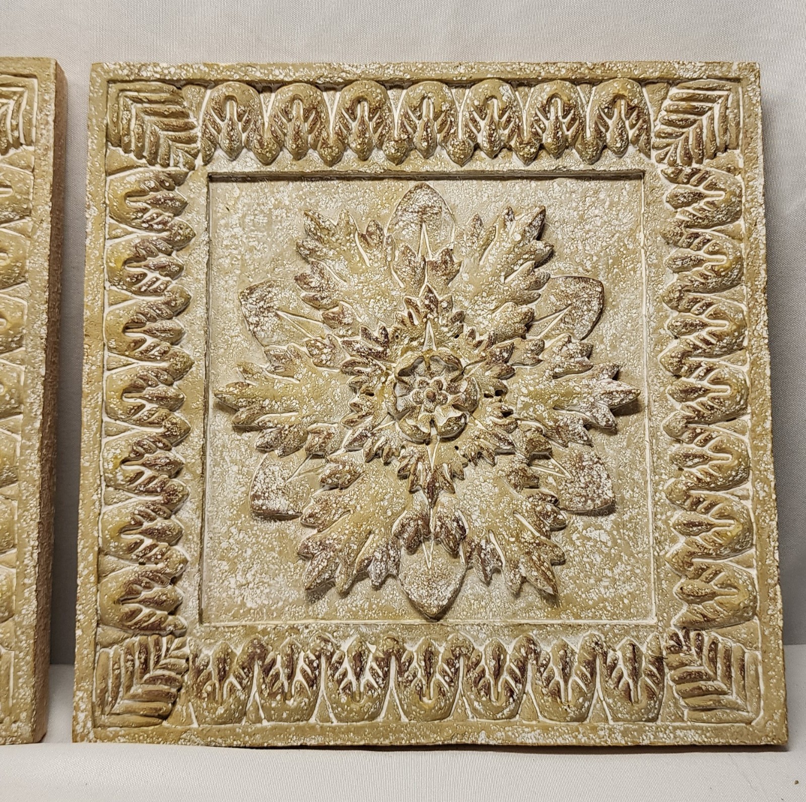Set of 2 Beige/Brown Embossed Floral Relief Ceramic Wall Decor 8×8