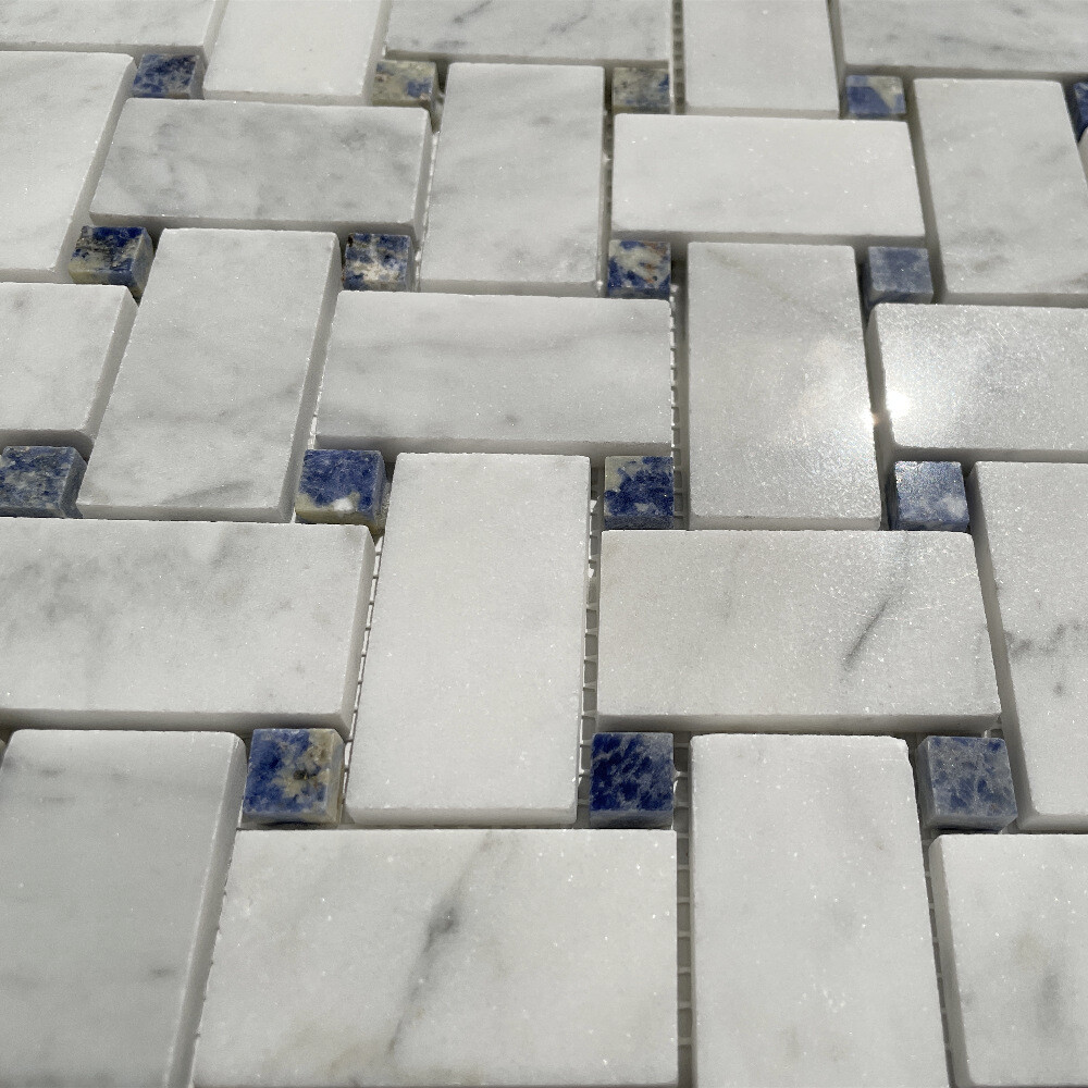 C656XP Carrara White Marble Basketweave Mosaic Tile Azul Blue Dots Polished