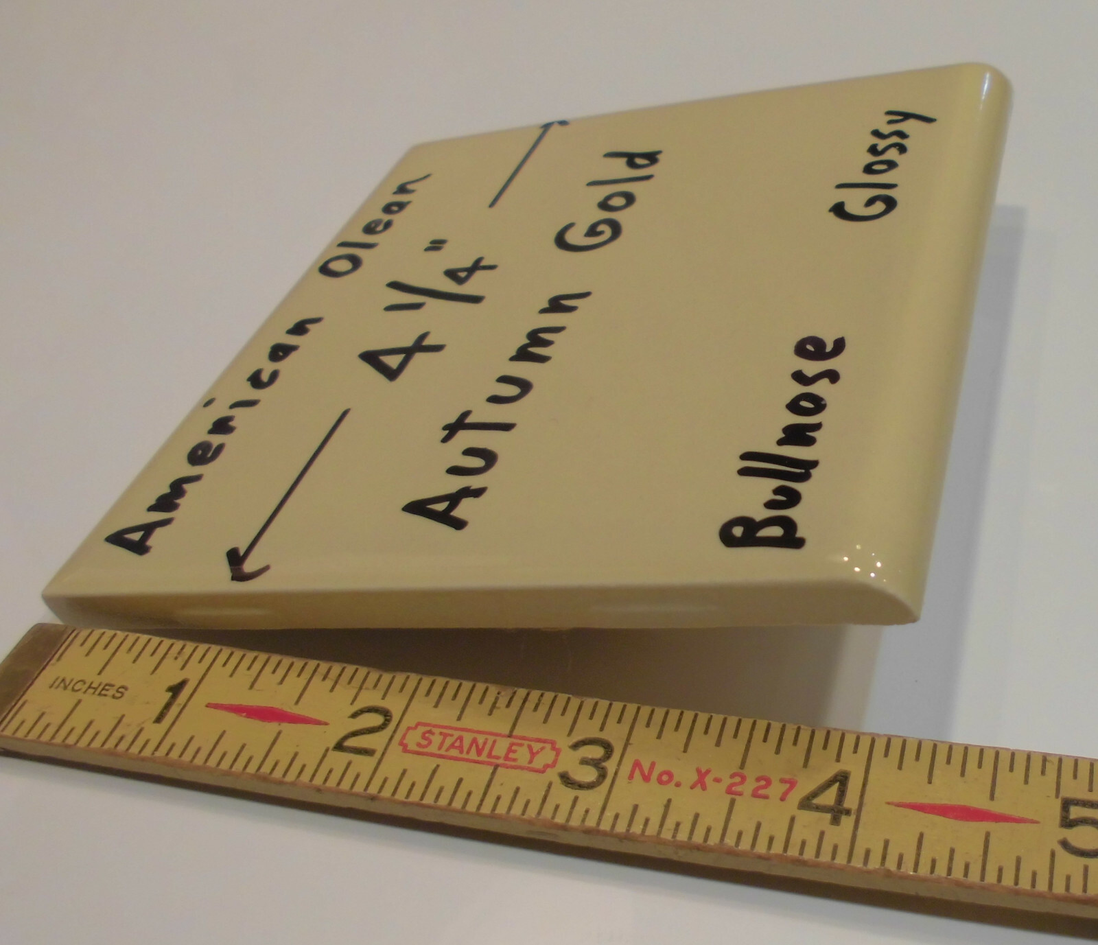 1 pc. Vintage Glossy Ceramic Bullnose Tile 4-1/4” *Autumn Gold-Yellow* By A. O.