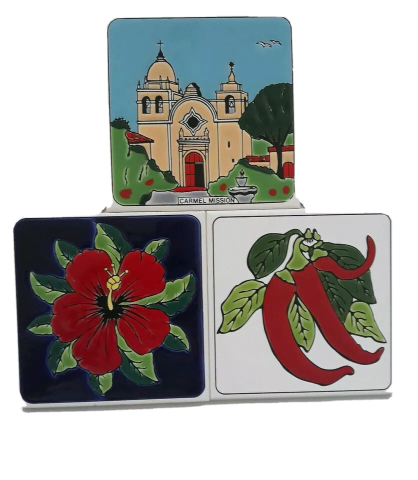 Lot of 3 Art Decorative Ceramic tiles Hibiscus, chili peppers & Carmel Mission