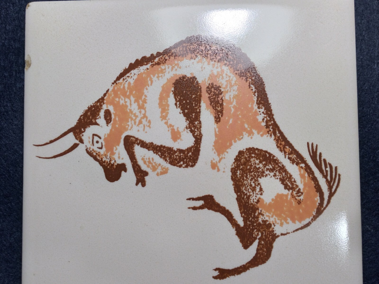Pair Vintage France Lascaux Cave Painting Bison Decorative Ceramic Art Tiles 6″