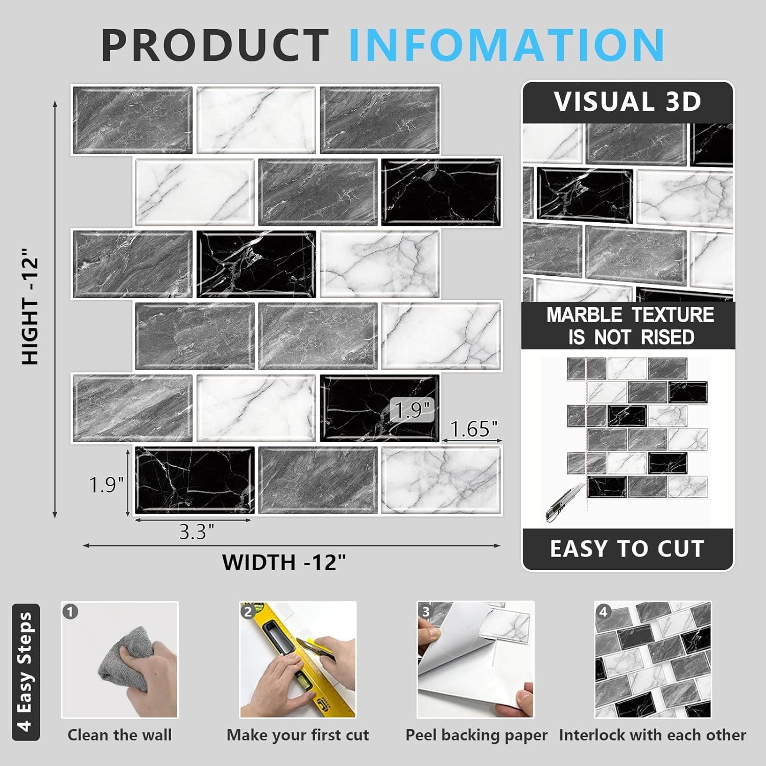 10 Sheets Peel & Stick Marble Backsplash Tiles 12×12 in Gray White Black