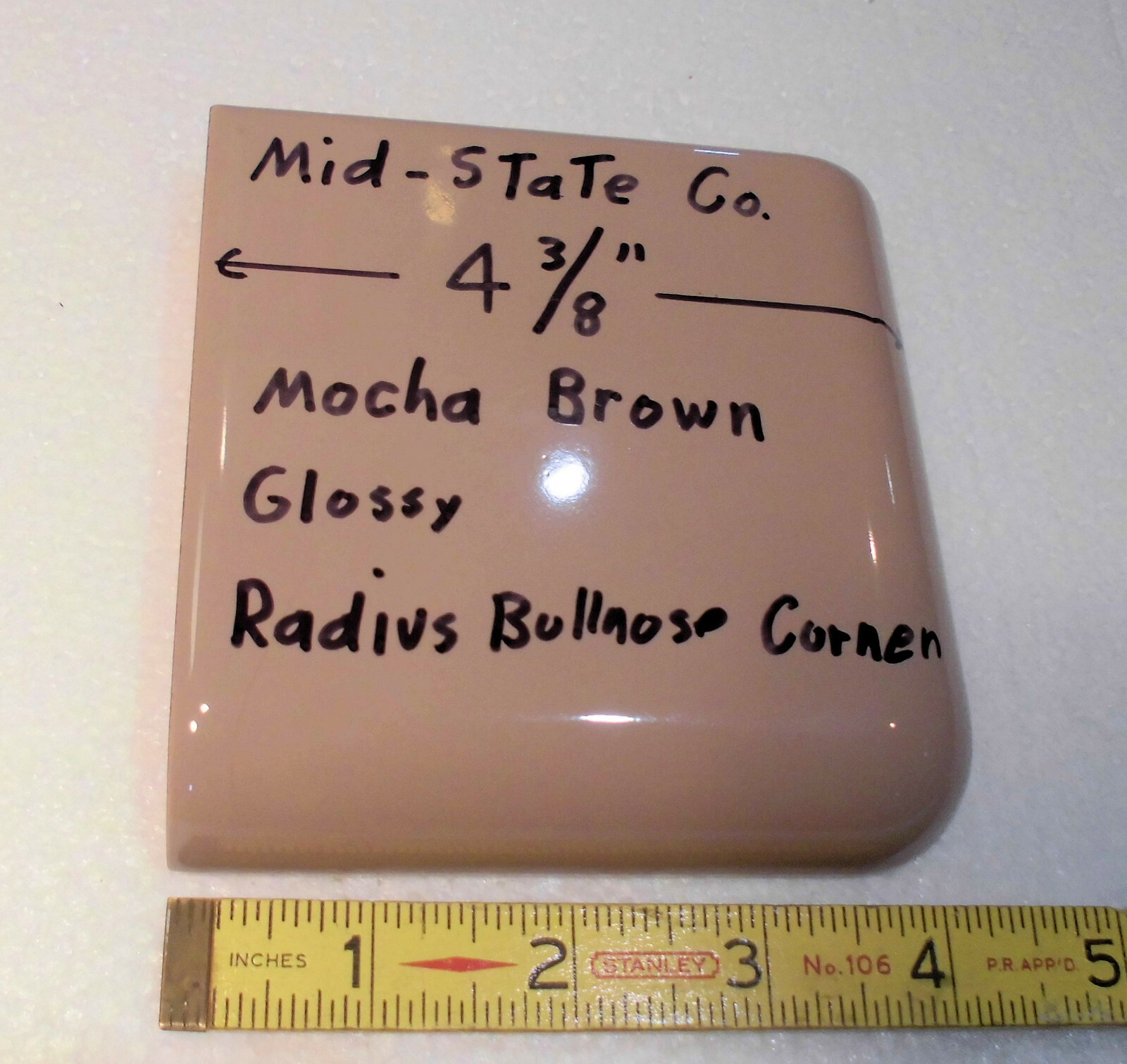 1 pc. Corner Bullnose; Mocha Brown; Glossy Ceramic Tile by Mid-State 4-3/8″ Mudd