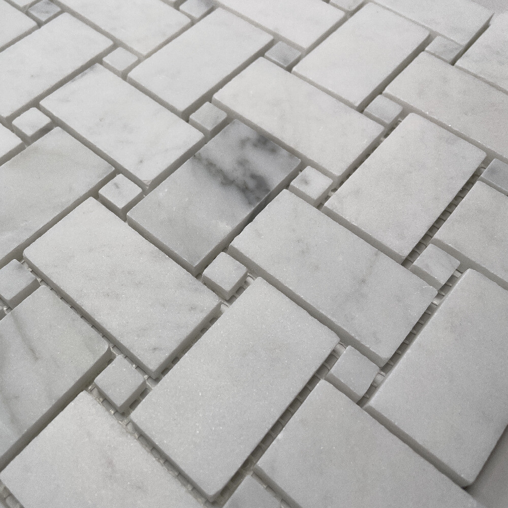 C650XH Carrara Venato Marble Basketweave Mosaic Tile White Dots Honed 1×2