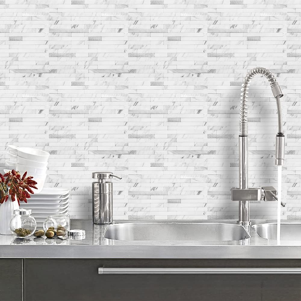 10-Sheet Peel and Stick Backsplash Tile, Faux White Marble Look PVC Mixed Met…