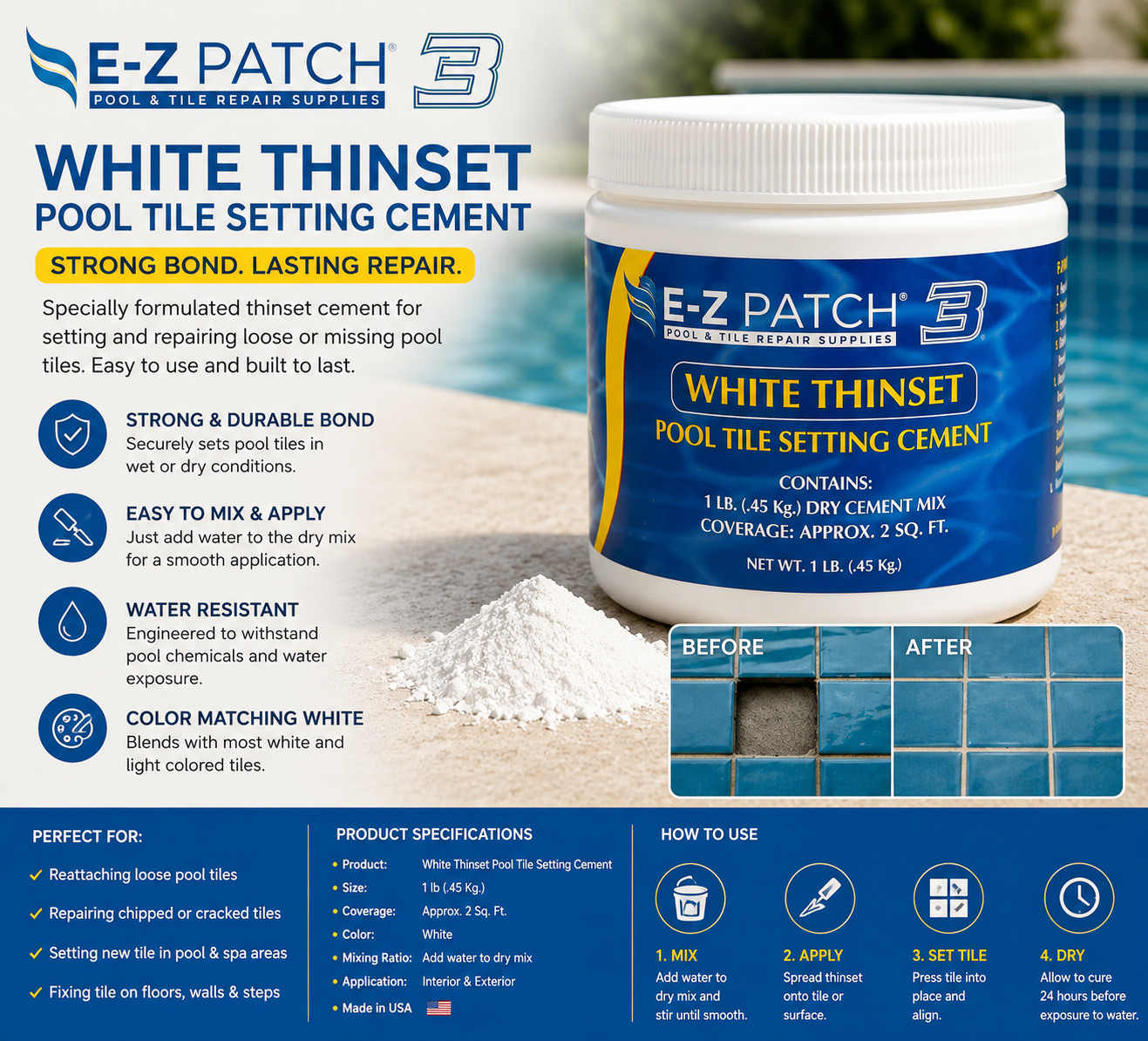 E-Z Patch 3 Pool Tile Thinset Cement 1 lb White Tile Repair Mortar Made in USA