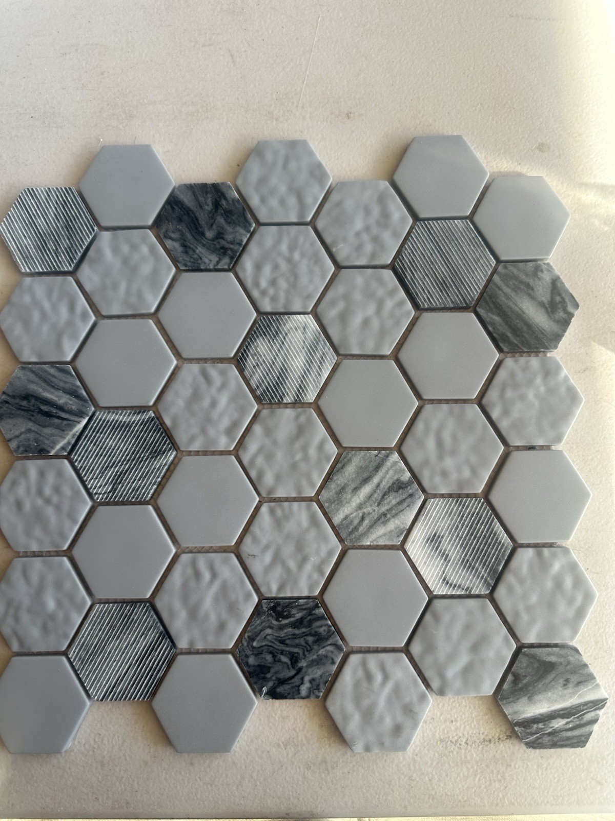 Grey Marble And Glass Hex Mixed Glossy, Matte And Textured Finish 12×12 Inch