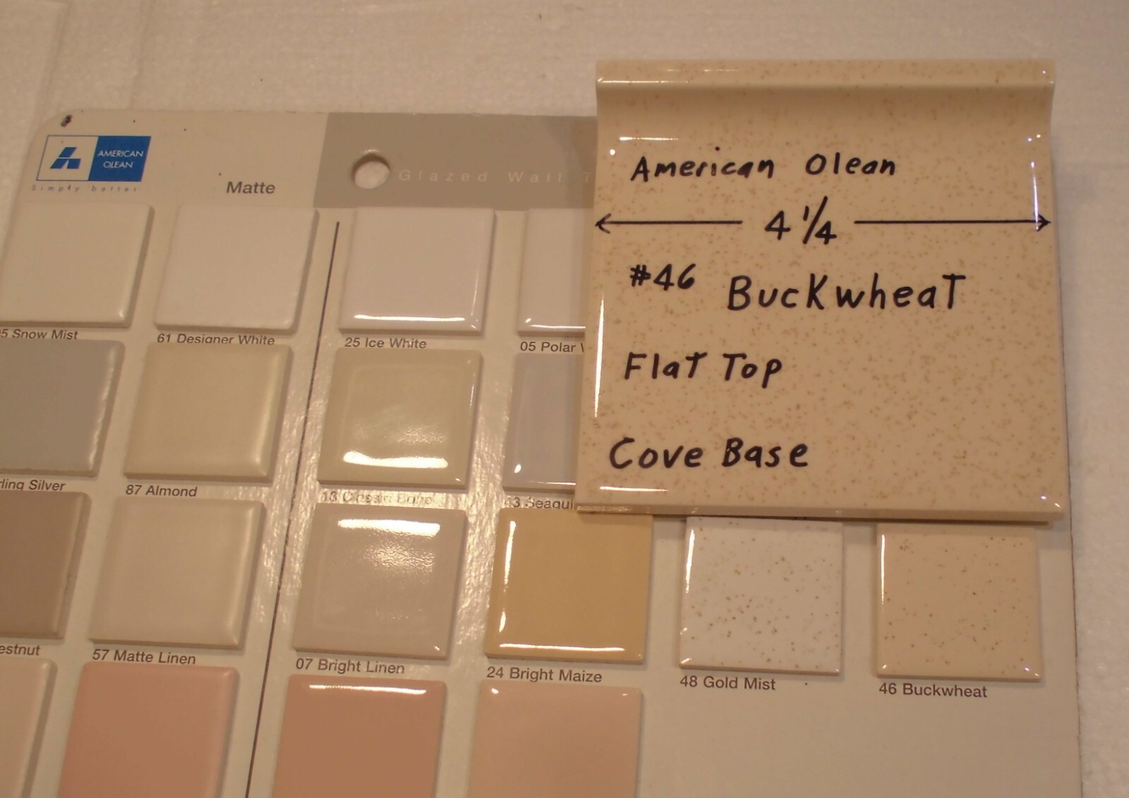 1 pc. *Buckwheat* Flat Top; base/cove Ceramic Tile; 4-1/4″ American Olean #46