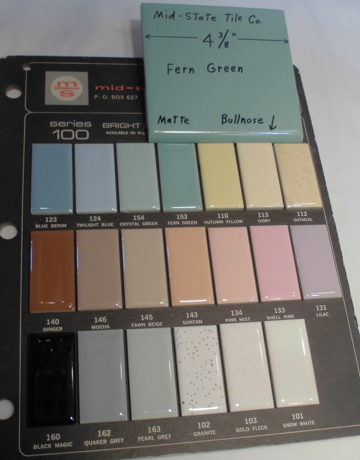 1 pc. Fern Green; Matte Bullnose Ceramic Tile 4-3/8″ by Mid-State Co. NOS